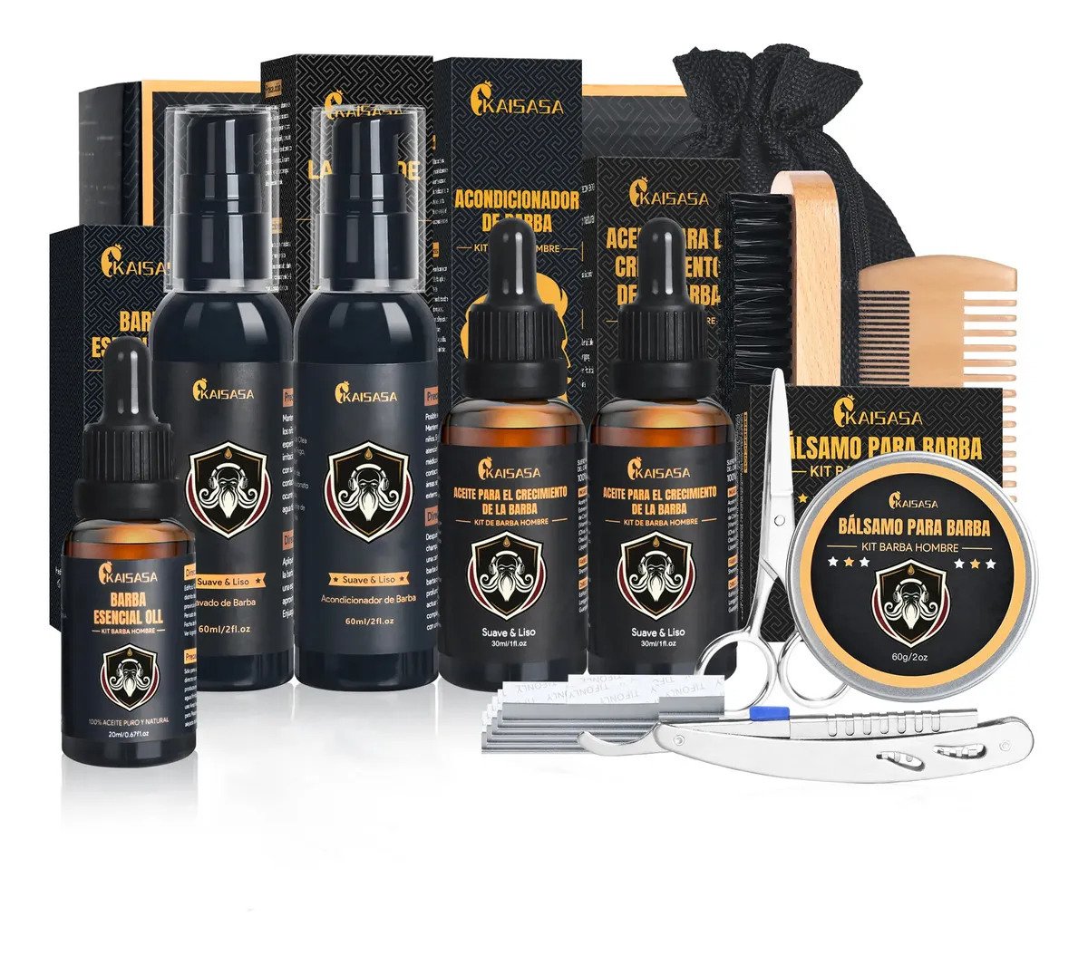 Kit para Barba KAISASA de 13 accesorios con Aceite, Bálsamo y Tijeras