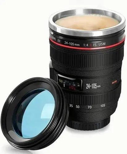 Termo de acero inoxidable en forma de lente de camara Negro