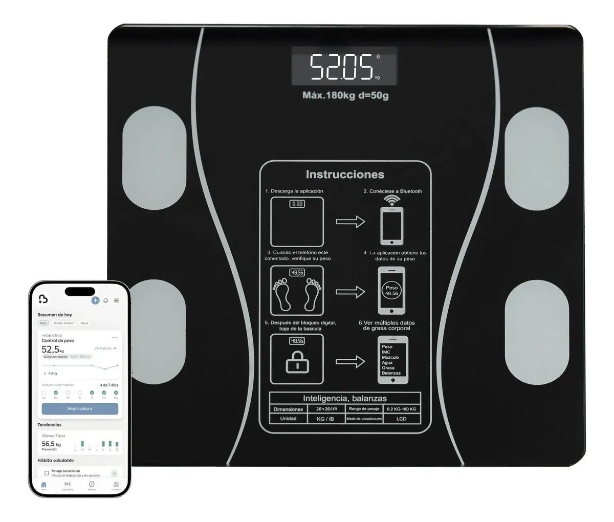 Báscula Electrónica Bluetooth Digital Inteligente color Negro